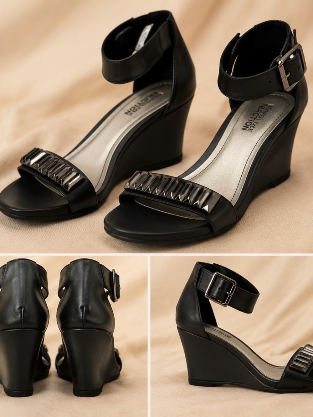 Kenneth Cole Reaction Wedge Heels Womens Size 6 Black Ankle Straps Open Toe